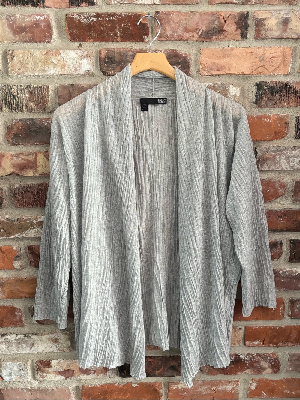Eileen Fisher Gray Crinkle Shawl Collar Cardigan Sweater, L